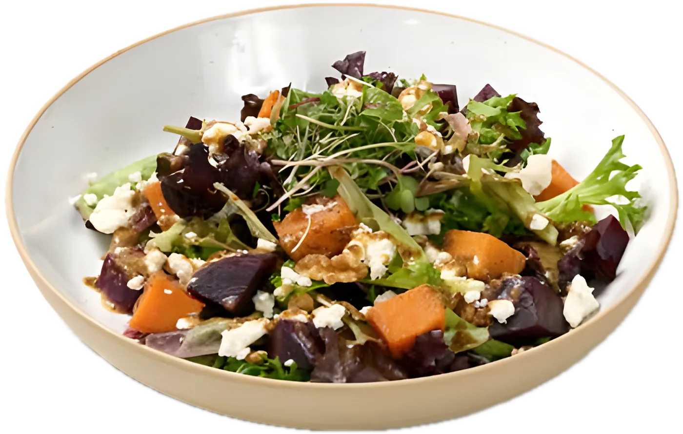 Beet & Sweet salad: greens, sweet potato, beetroot, goat cheese and walnuts