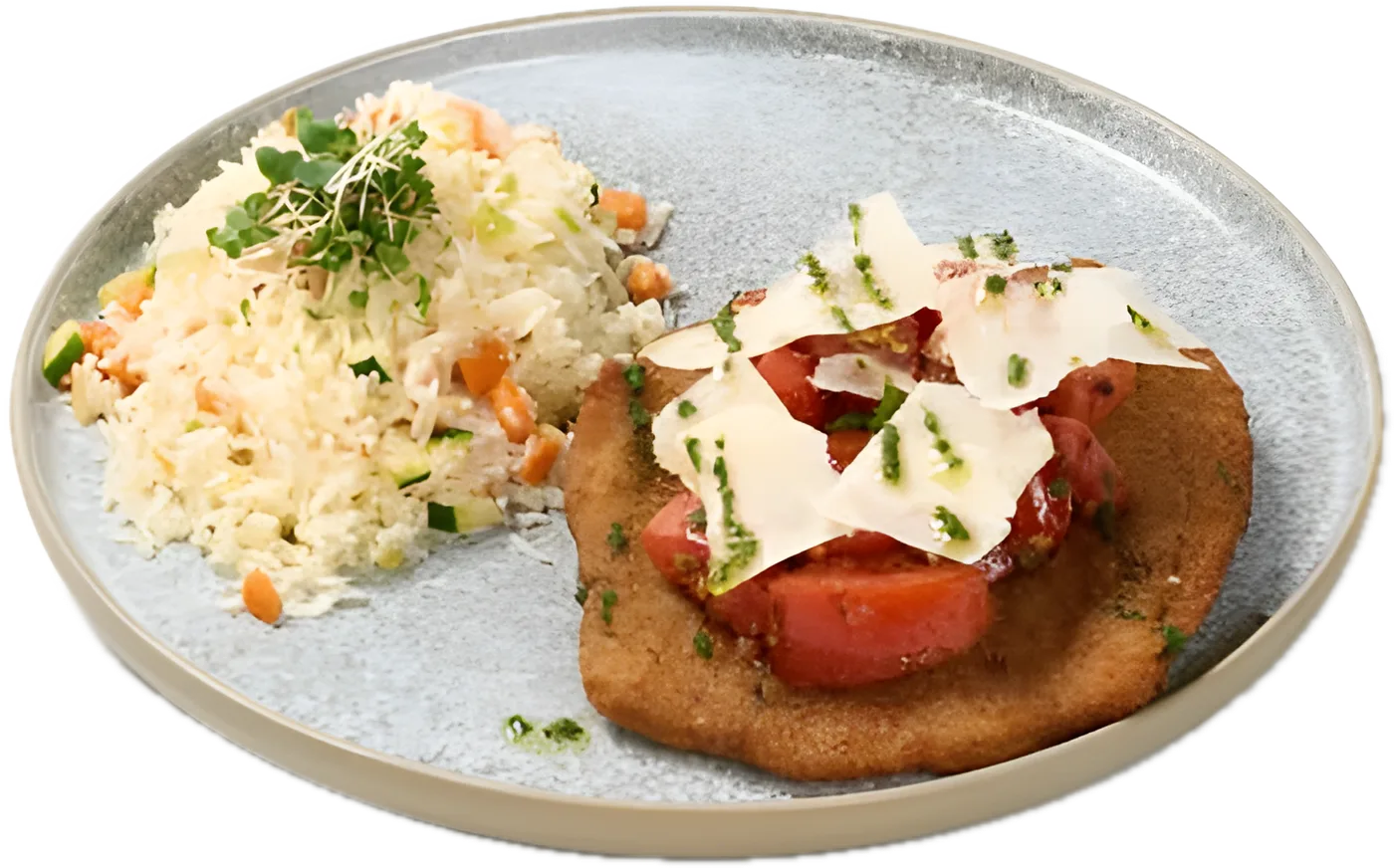 Bruschetta Chicken Cutlet topped with tomato, grana padano and basil, with vegetable rice