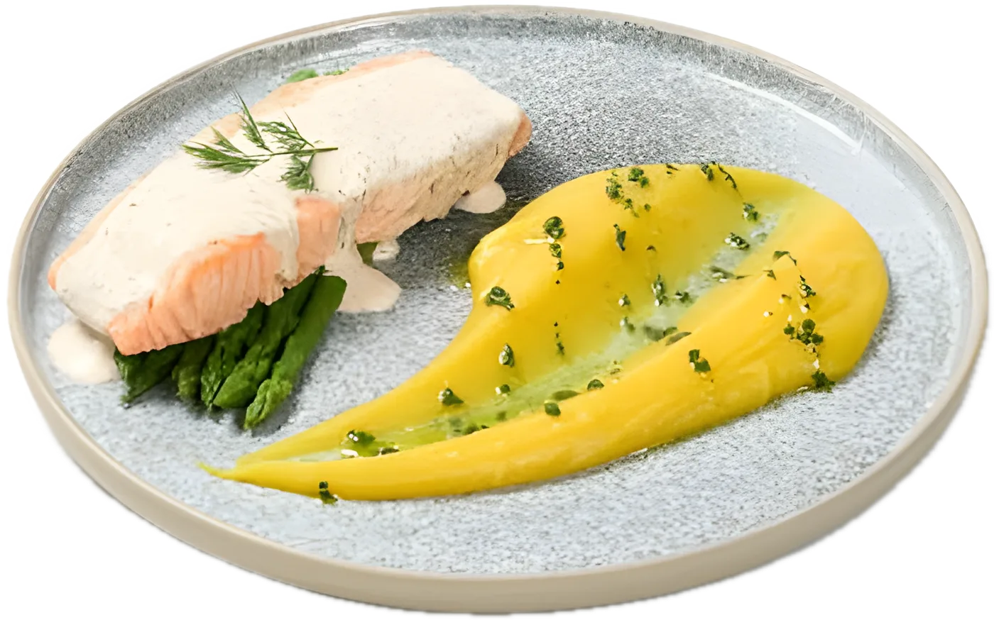 Butter Poached Salmon with asparagus and dill sauce on a grey plate