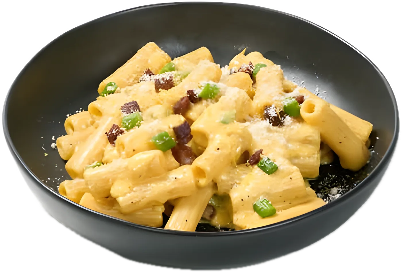 Pasta Carbonara: rigatoni with asparagus and Italian bacon in a black bowl