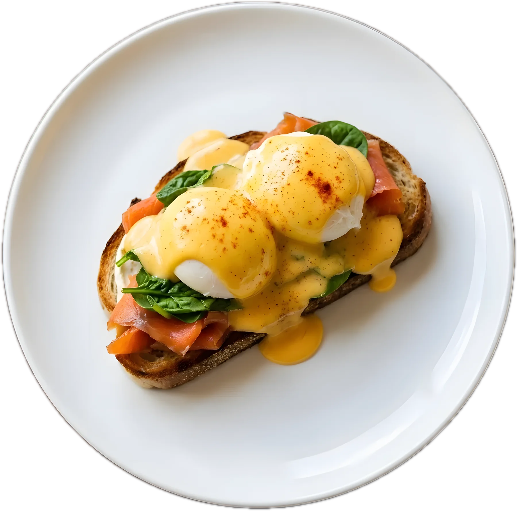 Eggs Benedict on toasted sourdough with smoked salmon, spinach, two poached eggs and hollandaise, on a white plate