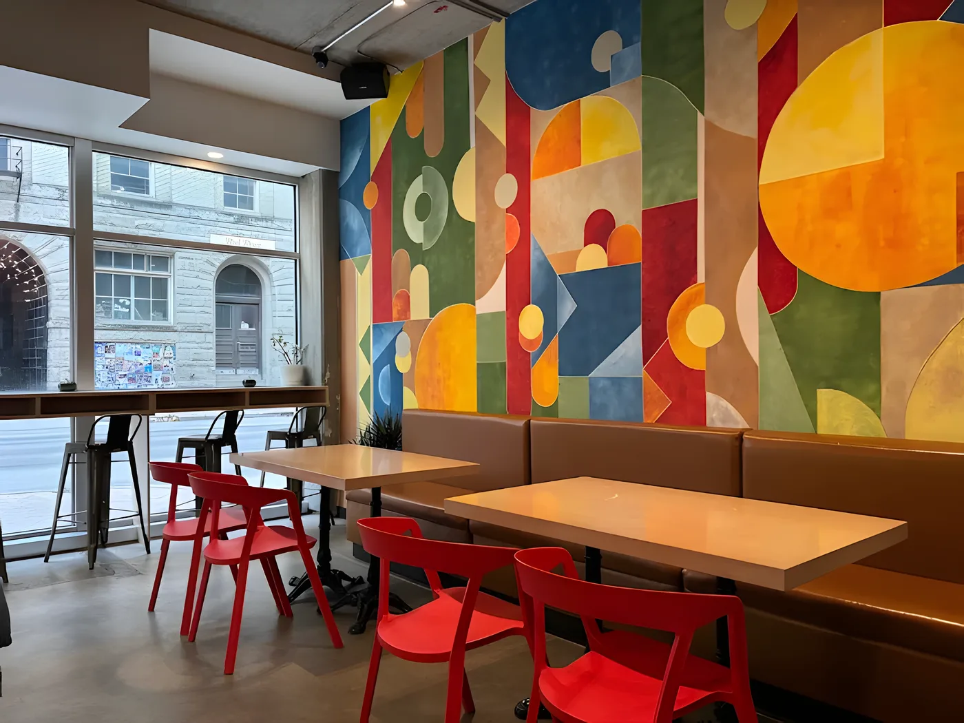 The dining room: a geometric mural in orange, navy and olive, red chairs, a banquette and the Exchange District's stone façades through the window